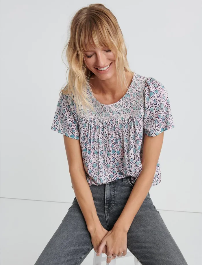 Knit Tops Women Lucky Brand Smocked Short Sleeve Top Multi