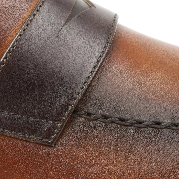 Men Bruno Magli Dress Shoes Arezzo Burnished Penny Loafer 8211 CognacDark Brown