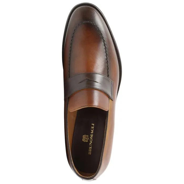 Men Bruno Magli Dress Shoes Arezzo Burnished Penny Loafer 8211 CognacDark Brown