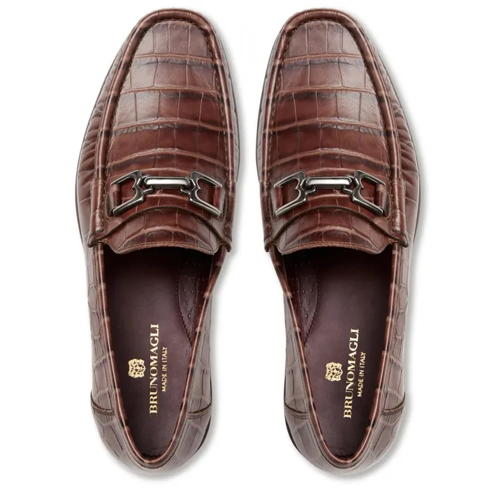 Men Bruno Magli Dress Shoes Trieste Classic Moccasin Brown Croc