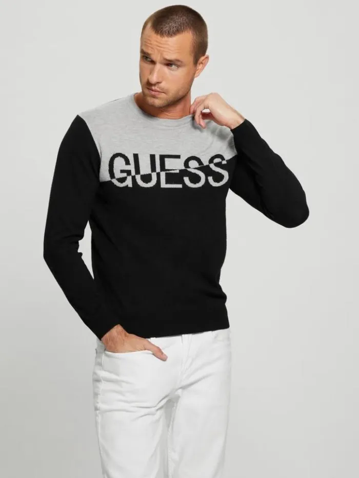 Men GUESS Hoodies and Sweaters Eco Alex SilkBlend ColorBlock Sweater Black
