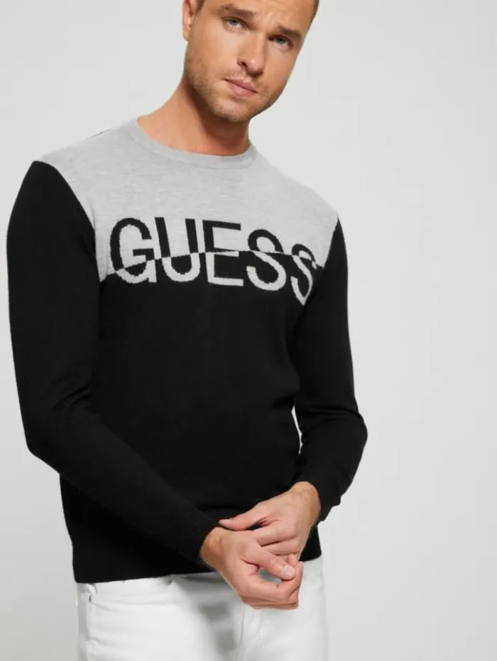 Men GUESS Hoodies and Sweaters Eco Alex SilkBlend ColorBlock Sweater Black