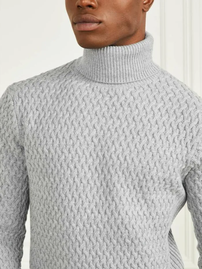 Men GUESS Hoodies and Sweaters Eco Basket Stitch Turtleneck Sweater Light Stone Heather Men GUESS Hoodies and Sweaters Eco Basket Stitch Turtleneck Sweater Light Stone Heather