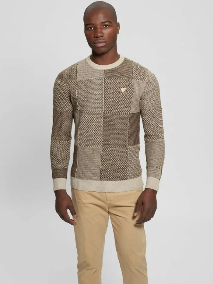 Men GUESS Hoodies and Sweaters Eco Bridger Patchwork Sweater Brown And Chestnut Pacthw Men GUESS Hoodies and Sweaters Eco Bridger Patchwork Sweater Brown And Chestnut Pacthw