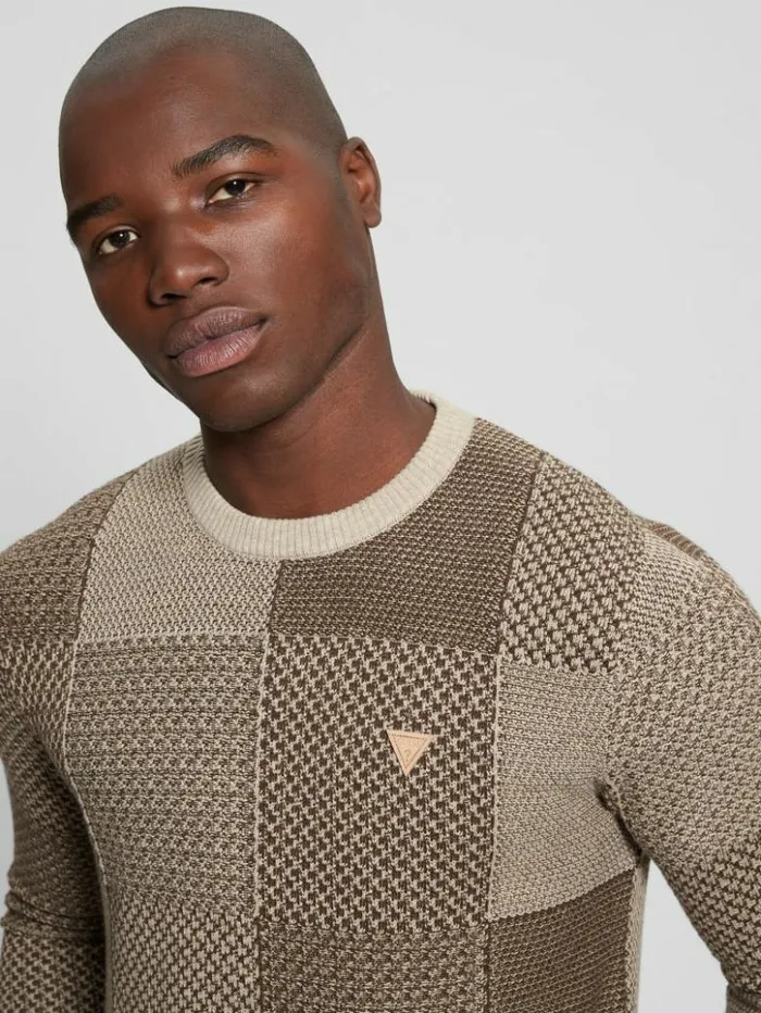 Men GUESS Hoodies and Sweaters Eco Bridger Patchwork Sweater Brown And Chestnut Pacthw Men GUESS Hoodies and Sweaters Eco Bridger Patchwork Sweater Brown And Chestnut Pacthw