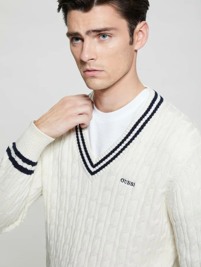 Men GUESS Hoodies and Sweaters Eco Briscoe Embroidered Sweater Salt White
