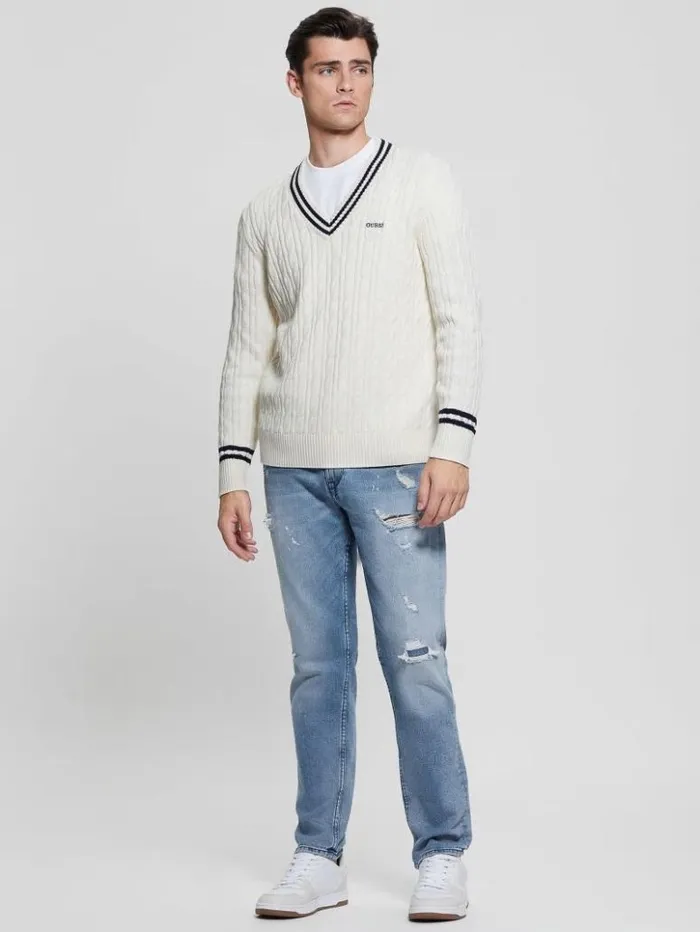Men GUESS Hoodies and Sweaters Eco Briscoe Embroidered Sweater Salt White
