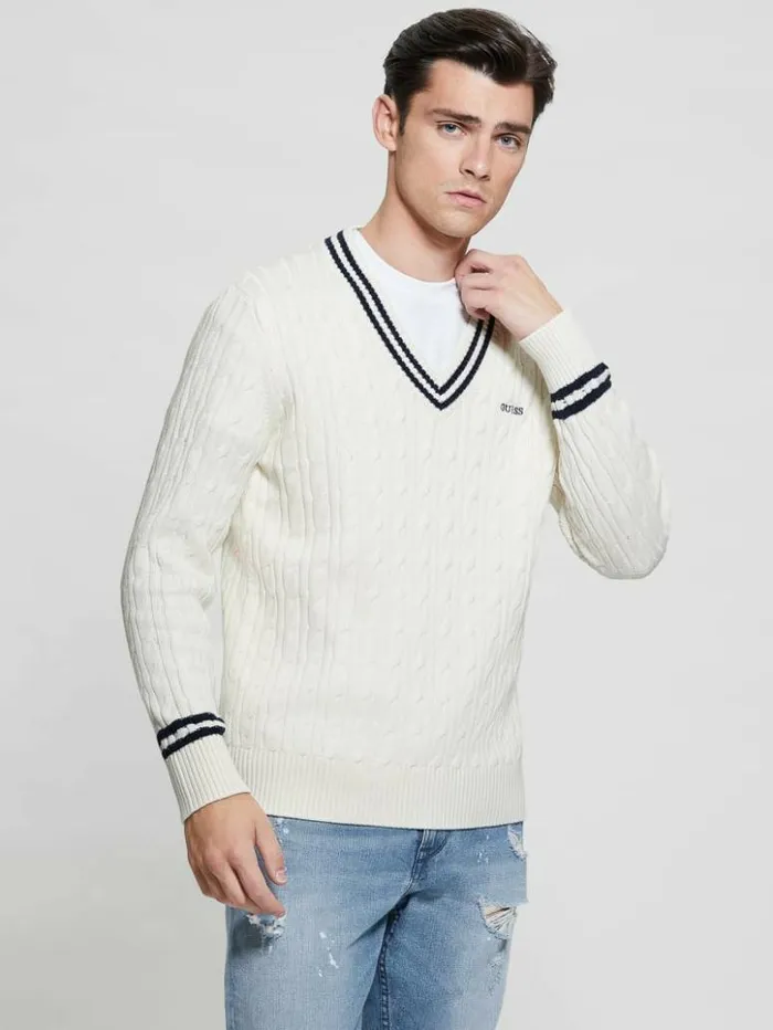 Men GUESS Hoodies and Sweaters Eco Briscoe Embroidered Sweater Salt White