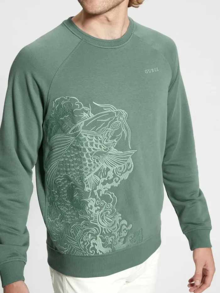 Men GUESS Hoodies and Sweaters Eco Embroidered Koi Sweatshirt Urban Sky