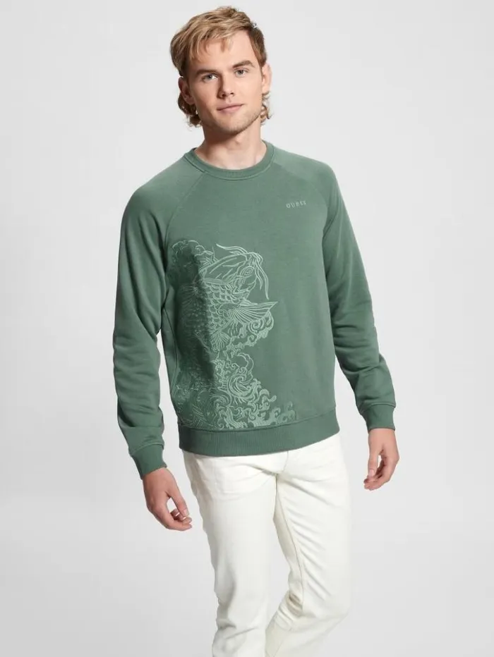 Men GUESS Hoodies and Sweaters Eco Embroidered Koi Sweatshirt Urban Sky