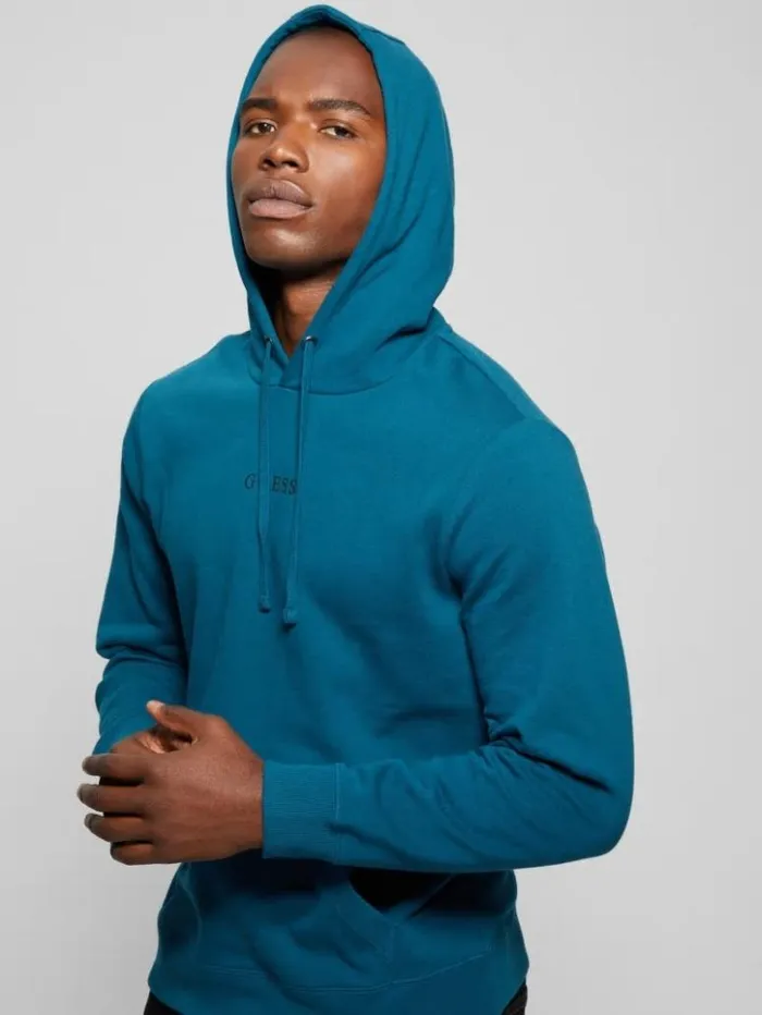 Men GUESS Hoodies and Sweaters Eco Roy Embroidered Logo Hoodie Bold Teal