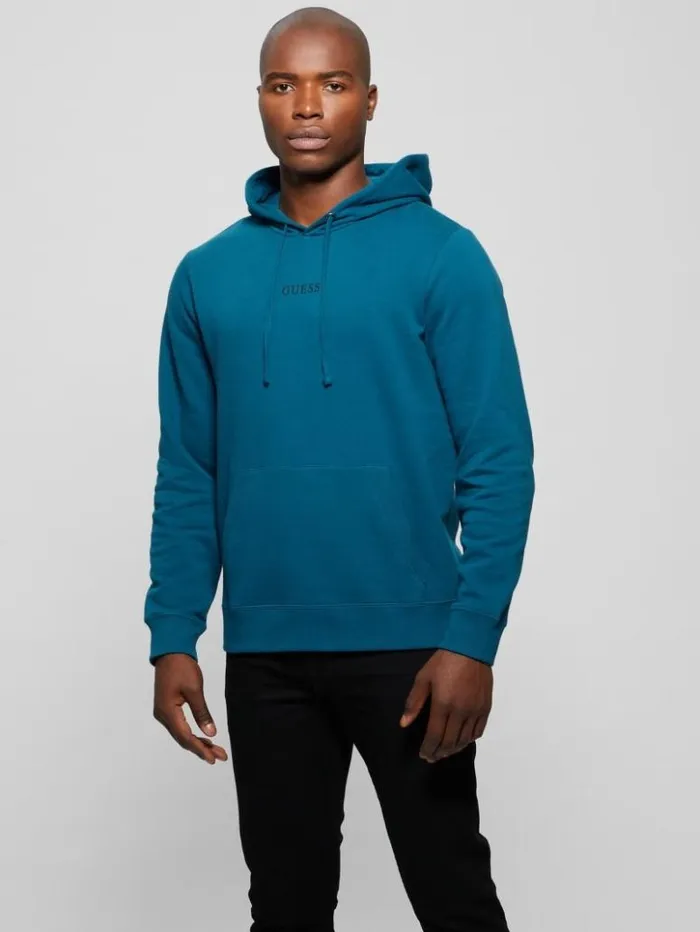 Men GUESS Hoodies and Sweaters Eco Roy Embroidered Logo Hoodie Bold Teal