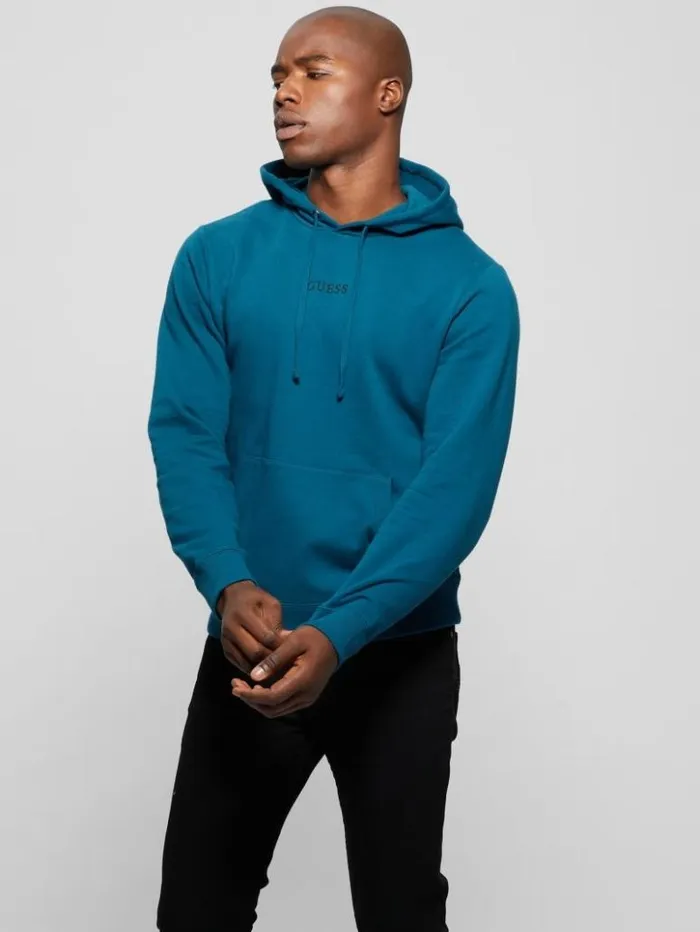 Men GUESS Hoodies and Sweaters Eco Roy Embroidered Logo Hoodie Bold Teal