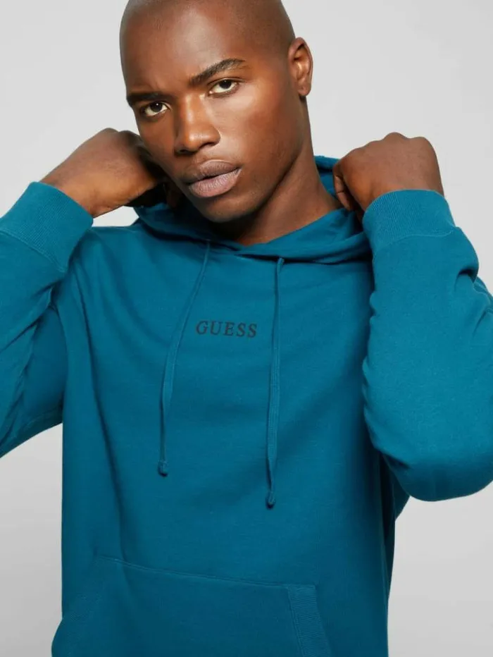 Men GUESS Hoodies and Sweaters Eco Roy Embroidered Logo Hoodie Bold Teal
