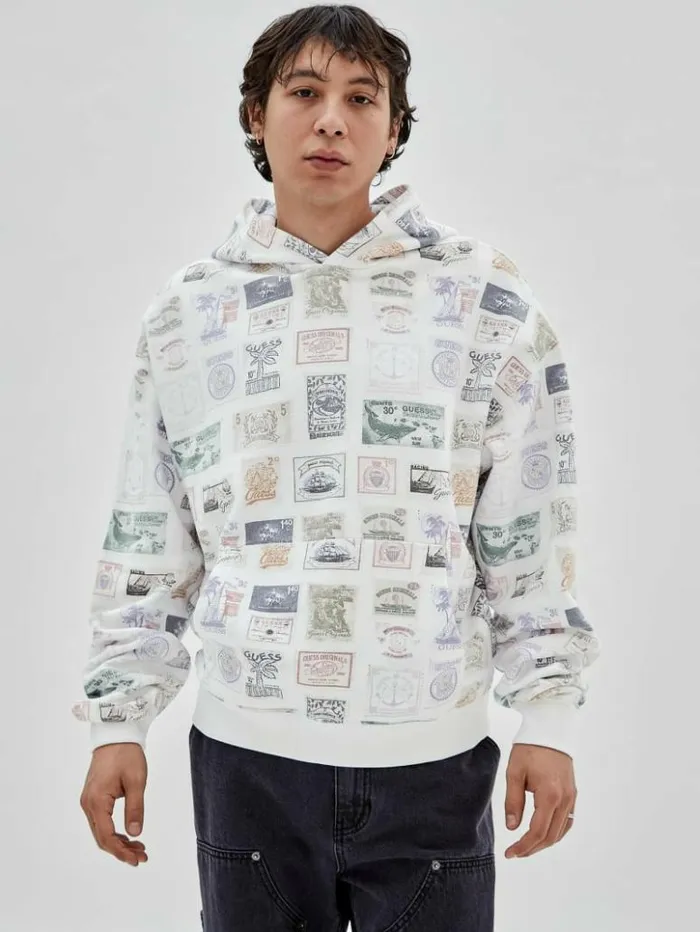 Men GUESS Hoodies and Sweaters GUESS Originals Eco Stamp Hoodie White Peaks Multi