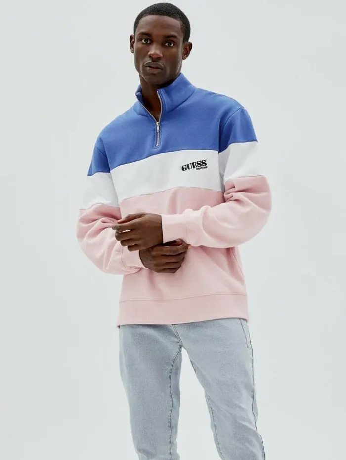 Men GUESS Hoodies and Sweaters GUESS Originals HalfZip Pullover Water Park Blue Multi Men GUESS Hoodies and Sweaters GUESS Originals HalfZip Pullover Water Park Blue Multi