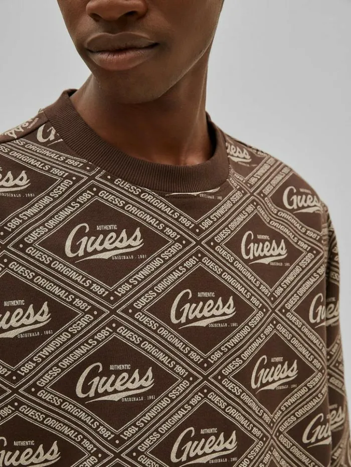 Men GUESS Hoodies and Sweaters GUESS Originals Printed Crewneck Coarse Brown Multi Men GUESS Hoodies and Sweaters GUESS Originals Printed Crewneck Coarse Brown Multi