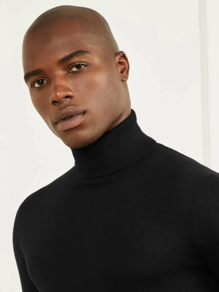 Men GUESS Hoodies and Sweaters Merino Wool Turtleneck Sweater Black