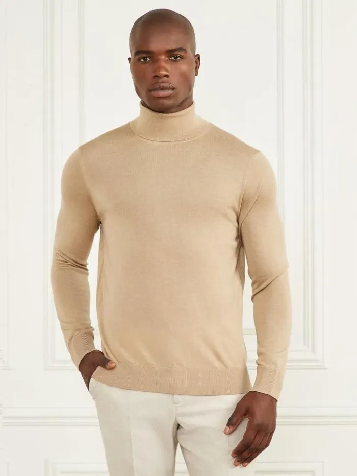 Men GUESS Hoodies and Sweaters Merino Wool Turtleneck Sweater Herb Tan