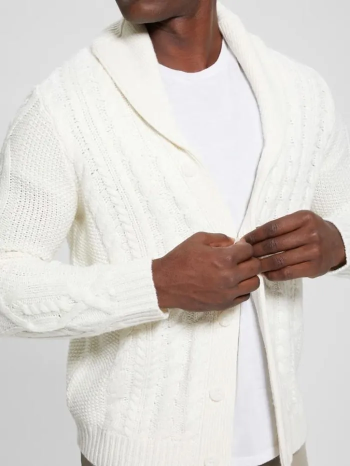 Men GUESS Hoodies and Sweaters Shane Celtic CableKnit Cardigan Ecru Pearl