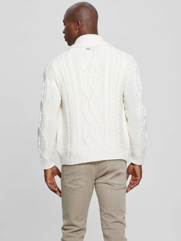 Men GUESS Hoodies and Sweaters Shane Celtic CableKnit Cardigan Ecru Pearl