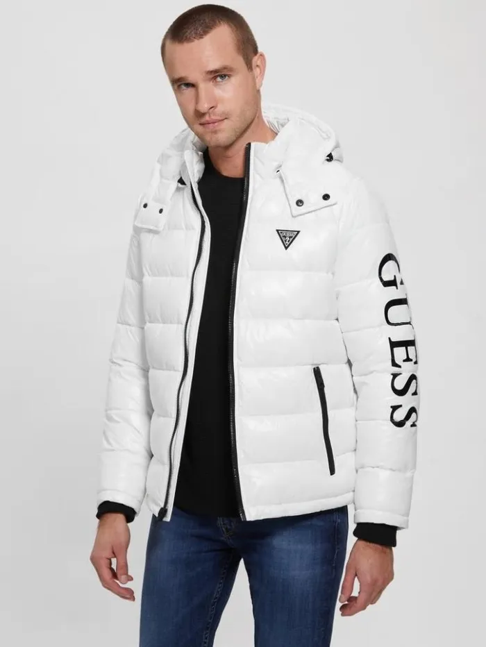 Men GUESS Jackets and Coats Anthony Logo Puffer Jacket Pure White Multi