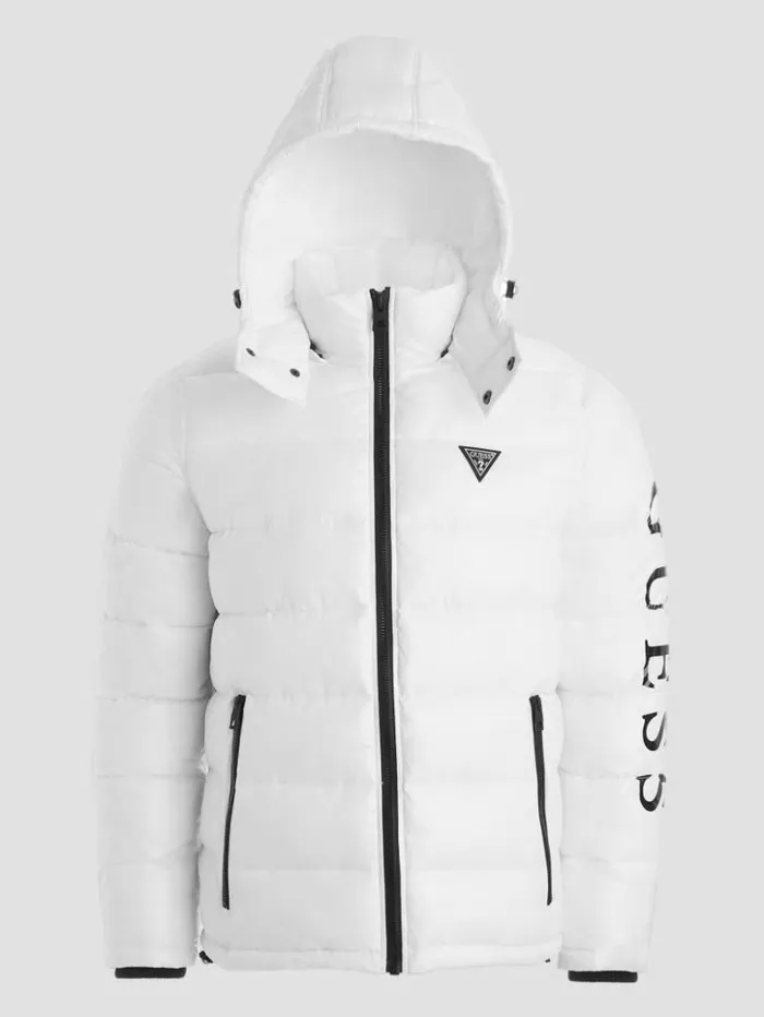 Men GUESS Jackets and Coats Anthony Logo Puffer Jacket Pure White Multi
