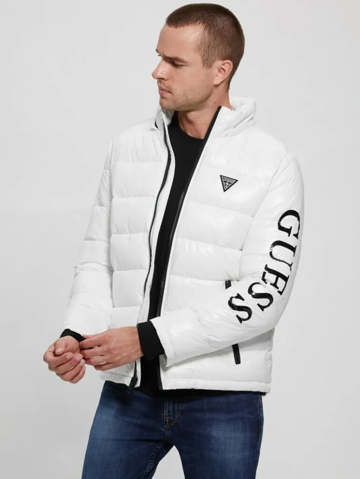 Men GUESS Jackets and Coats Anthony Logo Puffer Jacket Pure White Multi