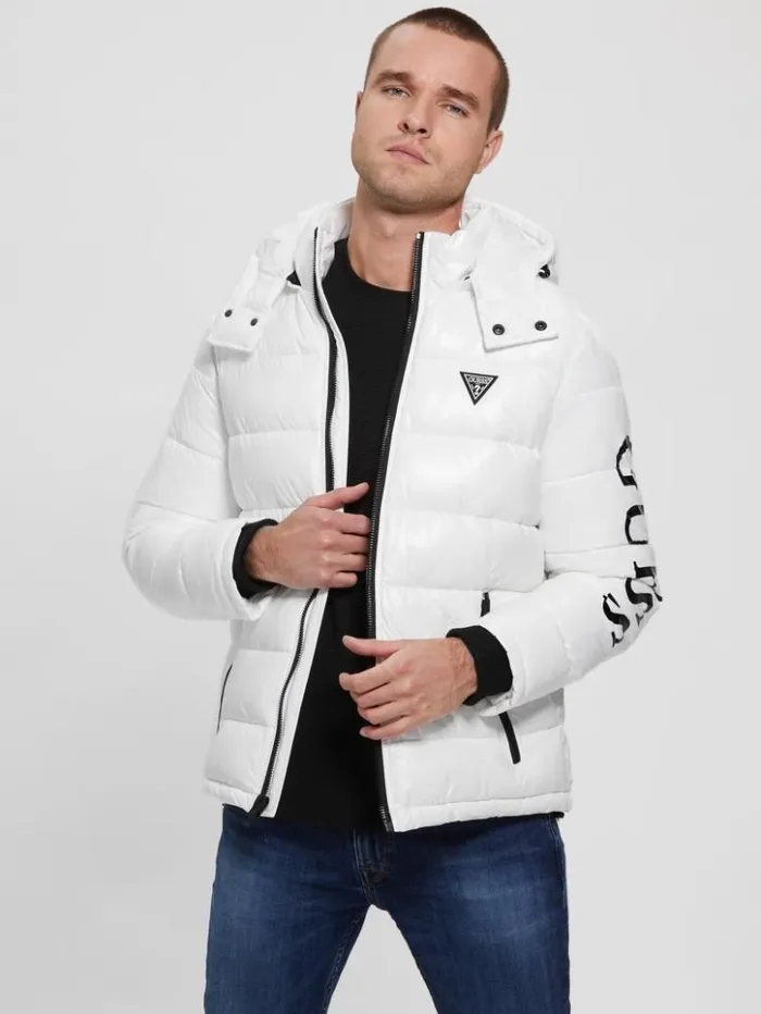 Men GUESS Jackets and Coats Anthony Logo Puffer Jacket Pure White Multi