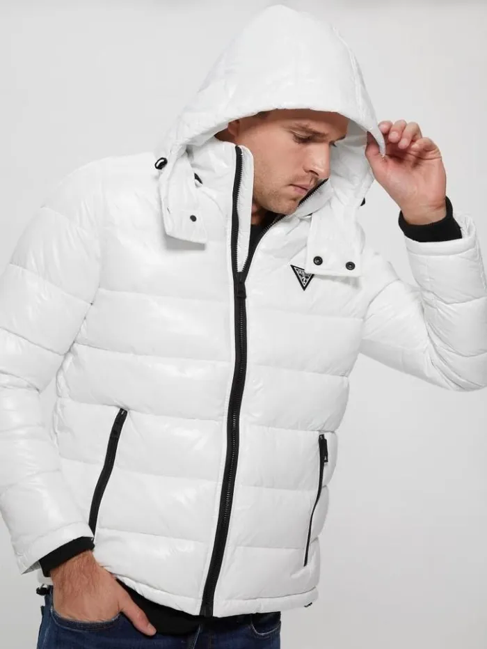 Men GUESS Jackets and Coats Anthony Logo Puffer Jacket Pure White Multi