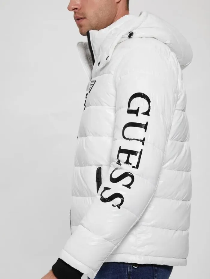 Men GUESS Jackets and Coats Anthony Logo Puffer Jacket Pure White Multi