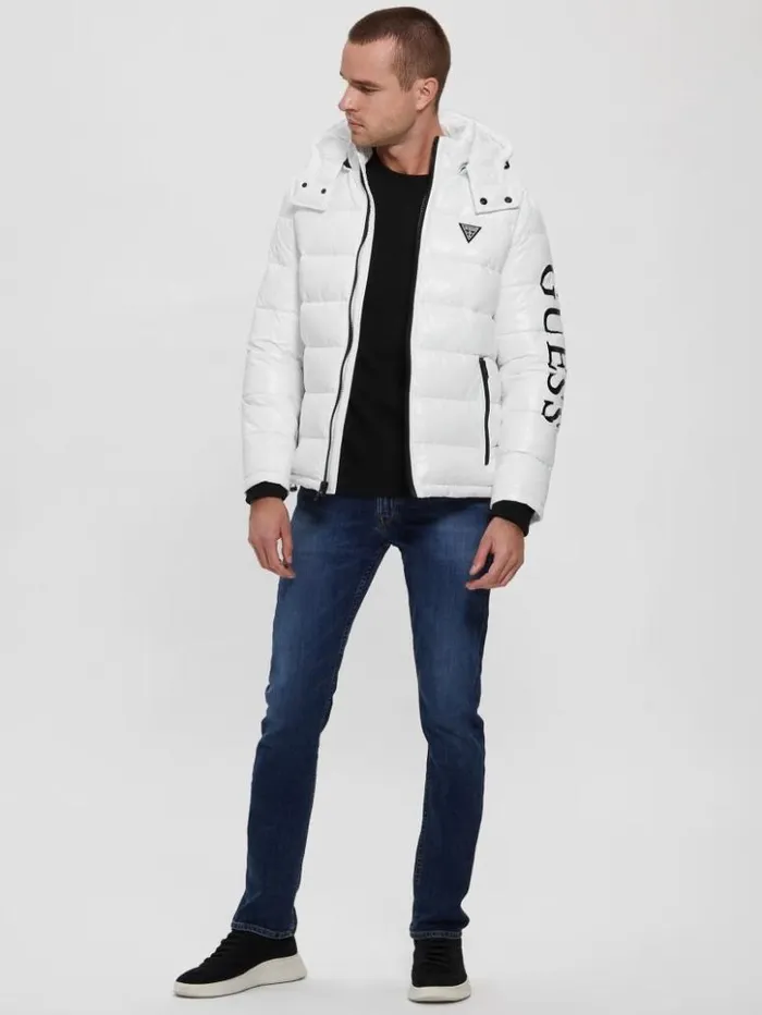 Men GUESS Jackets and Coats Anthony Logo Puffer Jacket Pure White Multi