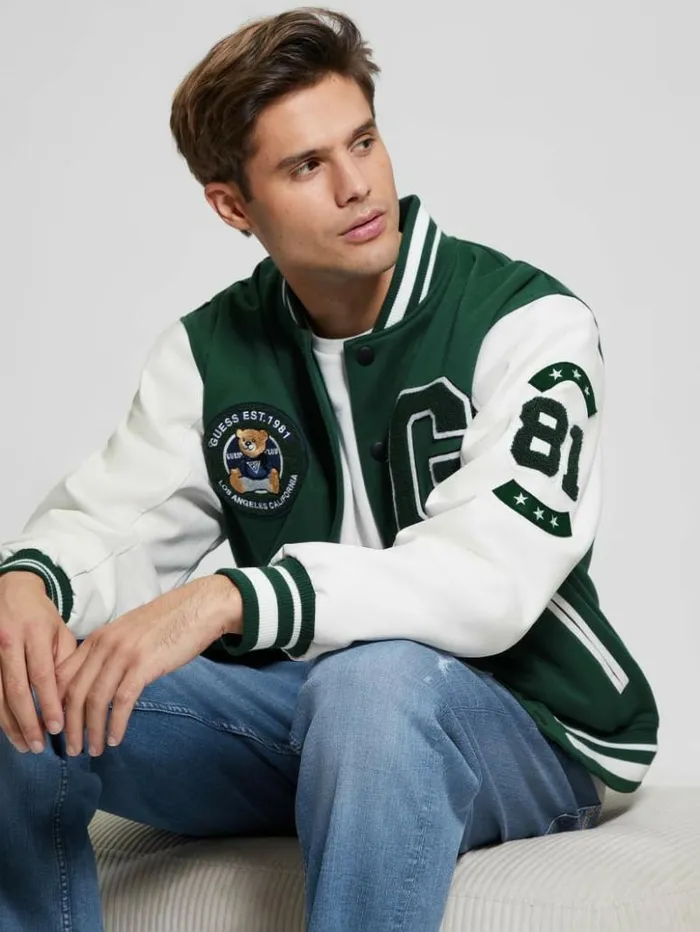 Men GUESS Jackets and Coats Bear Varsity Jacket Dark Jade