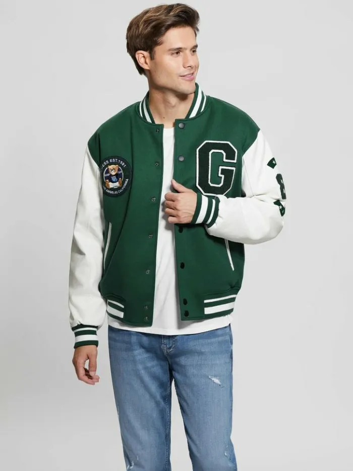 Men GUESS Jackets and Coats Bear Varsity Jacket Dark Jade