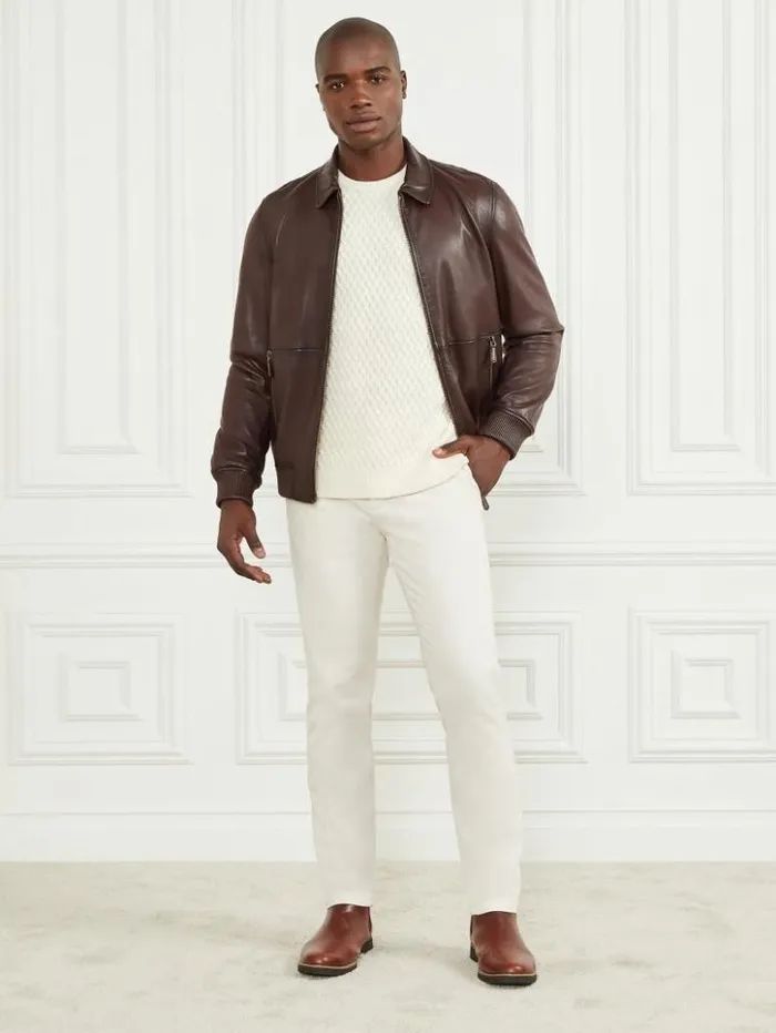 Men GUESS Jackets and Coats Dark Edges Leather Jacket Brown Vintage Effcet