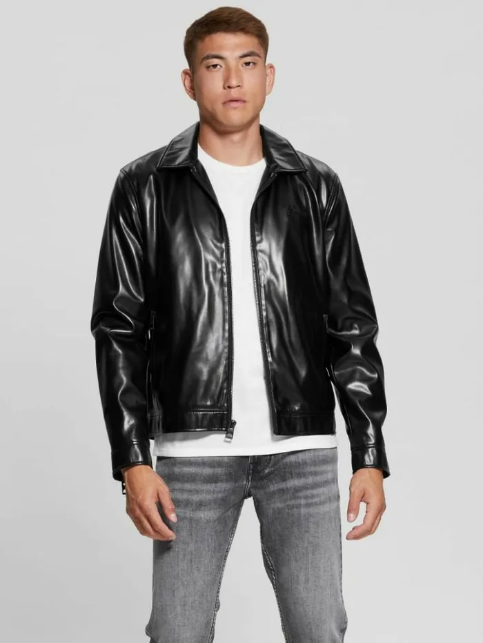 Men GUESS Jackets and Coats District FauxLeather Zip Jacket Jet Black Multi