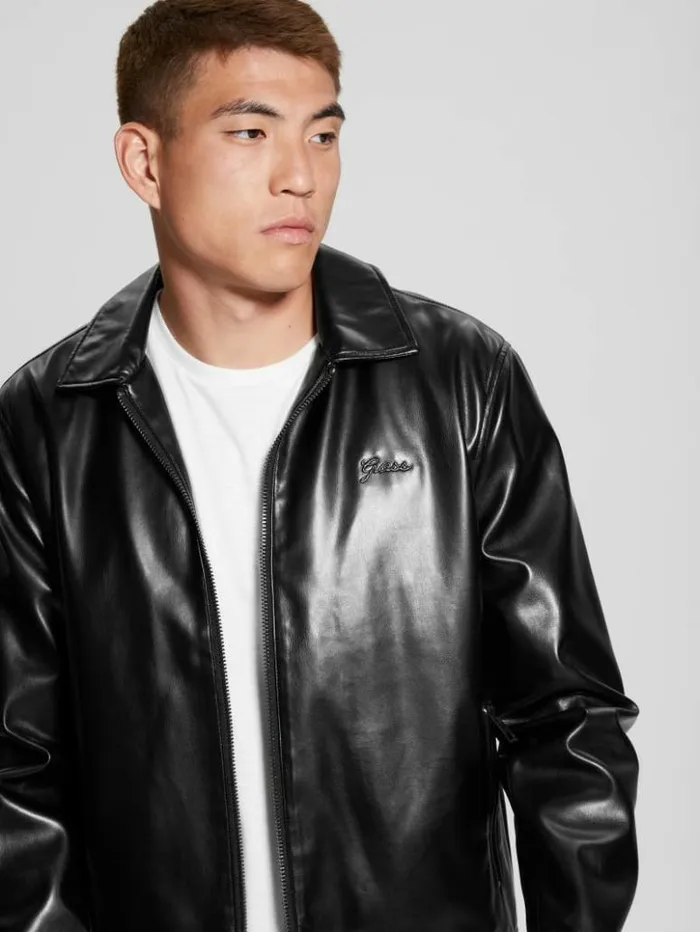 Men GUESS Jackets and Coats District FauxLeather Zip Jacket Jet Black Multi