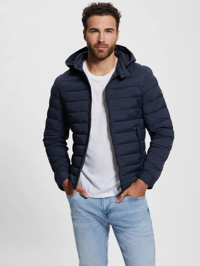 Men GUESS Jackets and Coats Eco TechStretch Hooded Jacket Bleu lgant
