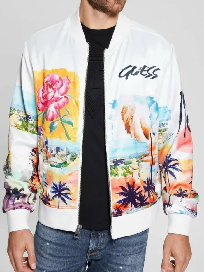 Men GUESS Jackets and Coats Eco Watercolor Satin Flight Jacket Salt White Multi Men GUESS Jackets and Coats Eco Watercolor Satin Flight Jacket Salt White Multi