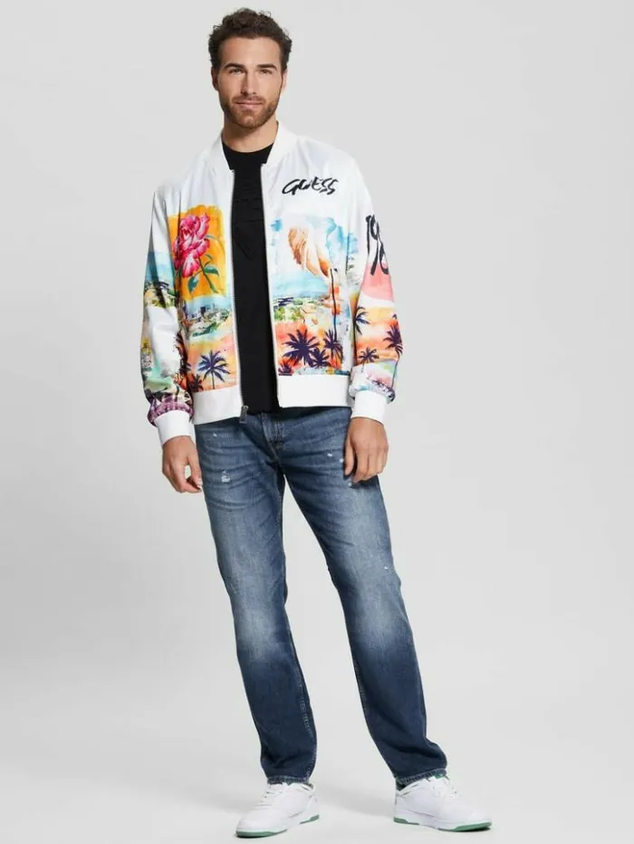Men GUESS Jackets and Coats Eco Watercolor Satin Flight Jacket Salt White Multi Men GUESS Jackets and Coats Eco Watercolor Satin Flight Jacket Salt White Multi