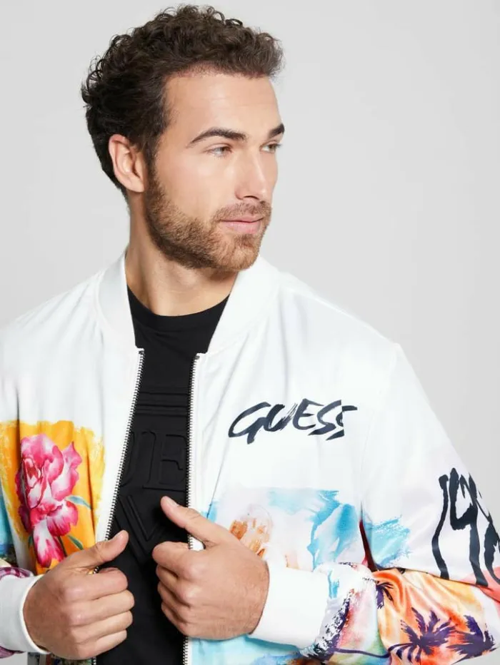 Men GUESS Jackets and Coats Eco Watercolor Satin Flight Jacket Salt White Multi Men GUESS Jackets and Coats Eco Watercolor Satin Flight Jacket Salt White Multi