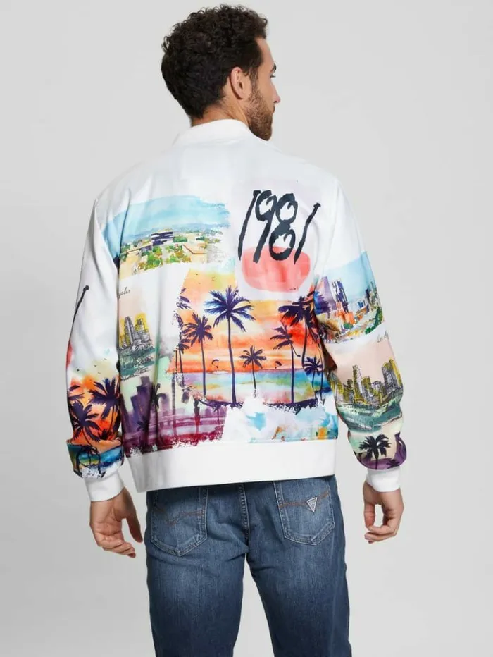 Men GUESS Jackets and Coats Eco Watercolor Satin Flight Jacket Salt White Multi Men GUESS Jackets and Coats Eco Watercolor Satin Flight Jacket Salt White Multi