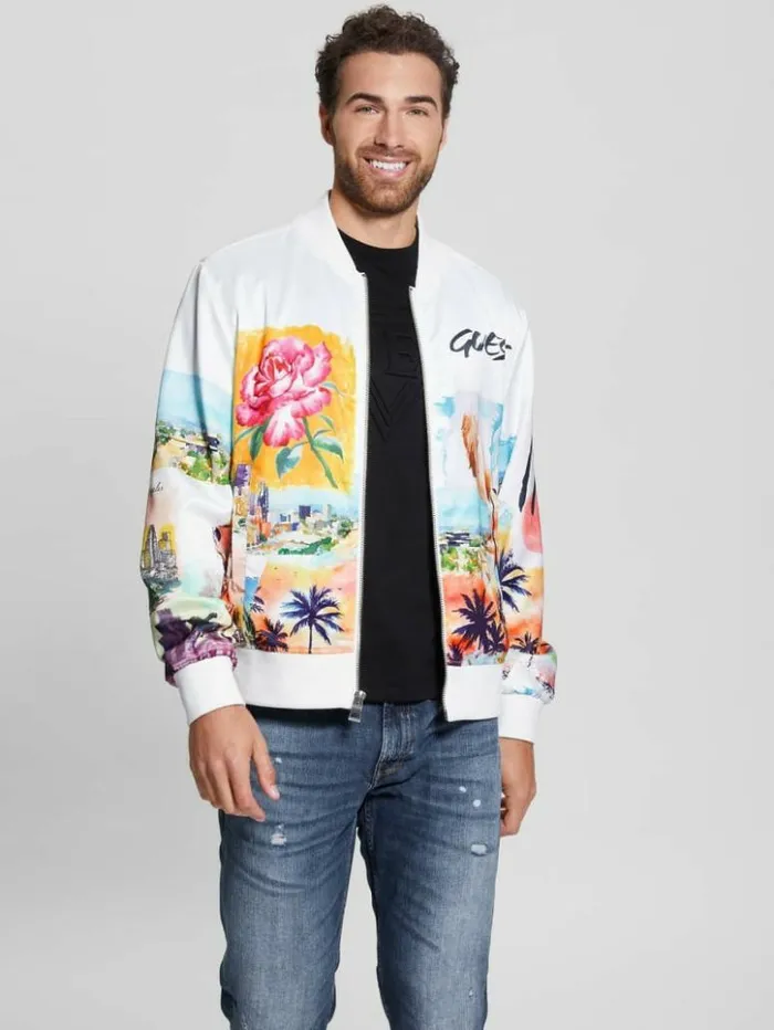 Men GUESS Jackets and Coats Eco Watercolor Satin Flight Jacket Salt White Multi Men GUESS Jackets and Coats Eco Watercolor Satin Flight Jacket Salt White Multi
