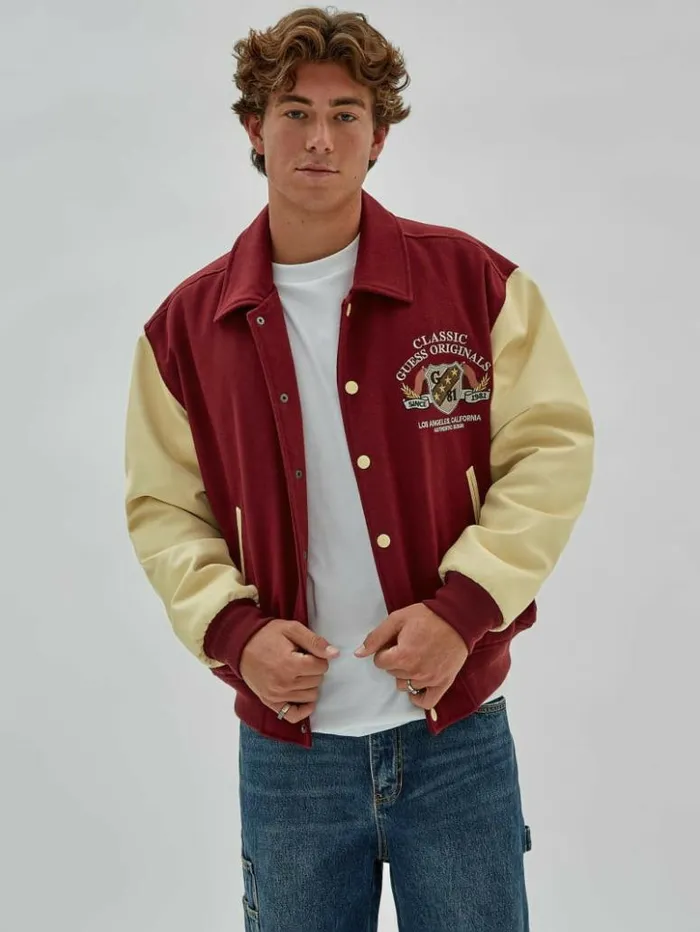 Men GUESS Jackets and Coats GUESS Originals Authentic Letterman Jacket Dark Jam Red Men GUESS Jackets and Coats GUESS Originals Authentic Letterman Jacket Dark Jam Red