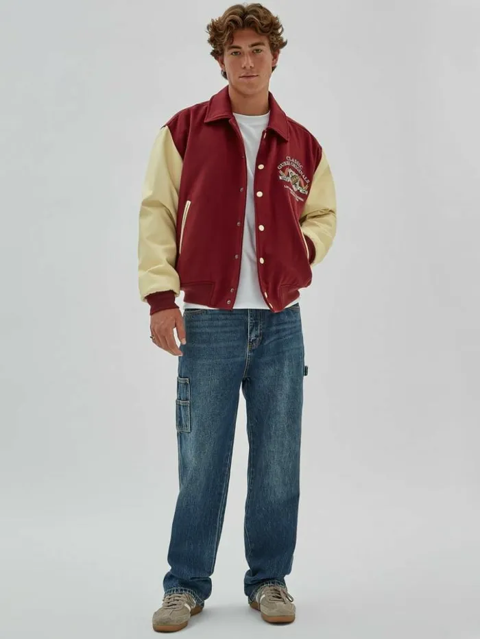 Men GUESS Jackets and Coats GUESS Originals Authentic Letterman Jacket Dark Jam Red Men GUESS Jackets and Coats GUESS Originals Authentic Letterman Jacket Dark Jam Red