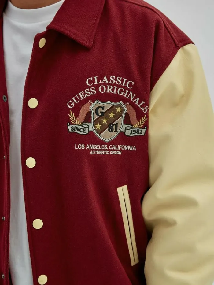 Men GUESS Jackets and Coats GUESS Originals Authentic Letterman Jacket Dark Jam Red Men GUESS Jackets and Coats GUESS Originals Authentic Letterman Jacket Dark Jam Red
