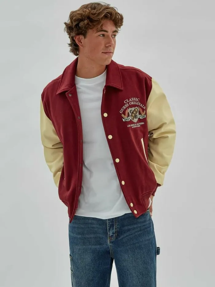 Men GUESS Jackets and Coats GUESS Originals Authentic Letterman Jacket Dark Jam Red Men GUESS Jackets and Coats GUESS Originals Authentic Letterman Jacket Dark Jam Red