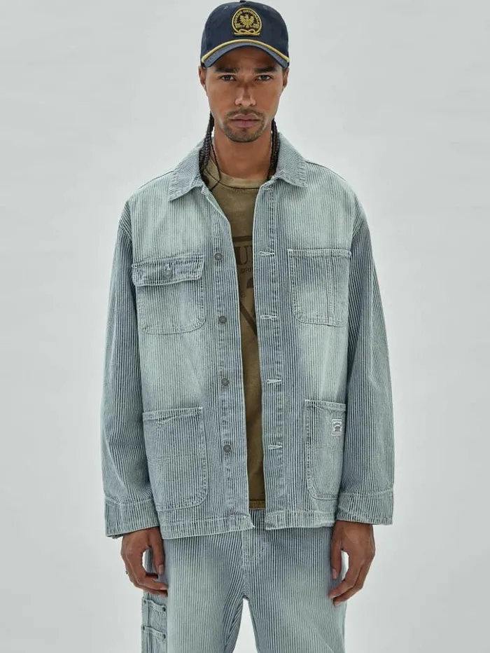 Men GUESS Jackets and Coats GUESS Originals Pinstripe Chore Jacket Indigo Yarn Dye Men GUESS Jackets and Coats GUESS Originals Pinstripe Chore Jacket Indigo Yarn Dye