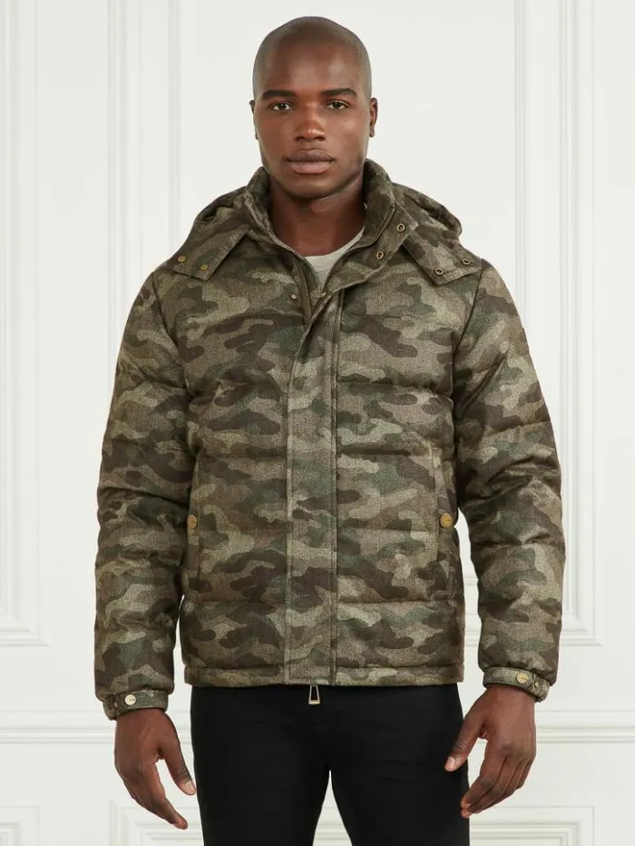 Men GUESS Jackets and Coats Hooded Puffer Jacket Camou Herringbone Melange