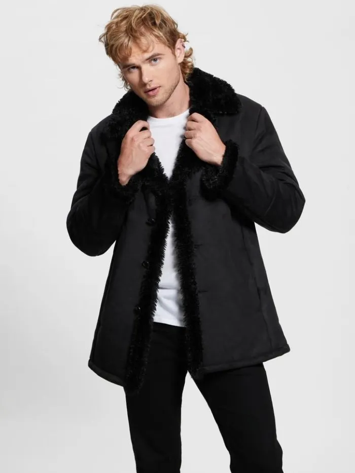 Men GUESS Jackets and Coats Ian FauxSuede Coat Jet Black Multi